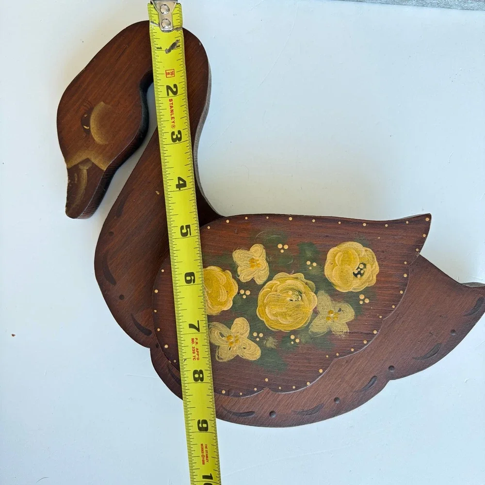 Vintage Hand Painted Wooden Swan Wall Decor Folk Art Yellow Floral 9 Inch
